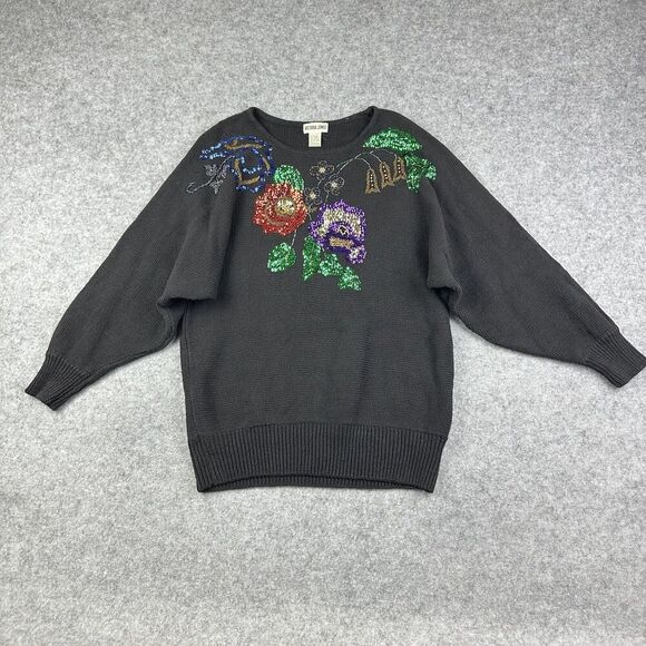 Victoria Jones Floral Sequin Sweater Womens Vintage L Cottagecore Boho Dolman - Picture 1 of 12